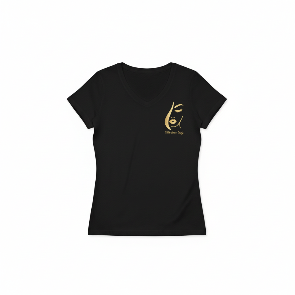 Zwart V-hals t-shirt met gouden little boss lady illustratie