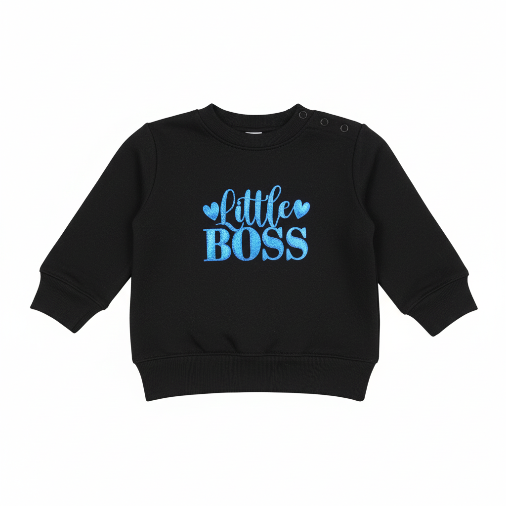Zwart baby truitje zonder capuchon met blauwe glitter Little Boss print maat 62